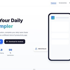 K&ouml;nnte beinhalten: Ein Website-Mockup f&uuml;r eine App namens AppName mit der &Uuml;berschrift "Make Your Daily Life Simpler". Es enth&auml;lt Download-Buttons f&uuml;r iOS und Android, Benutzerbewertungen und eine Telefongrafik.