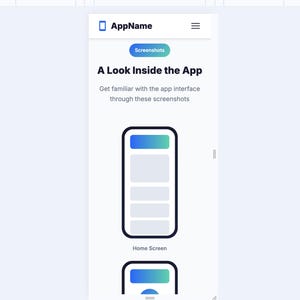 K&ouml;nnte beinhalten: Screenshot einer mobilen App-Oberfl&auml;che. Der App-Name "AppName" und ein Men&uuml;symbol befinden sich oben. Eine blaue Schaltfl&auml;che zeigt "Screenshots". Der Titel "A Look Inside the App" wird mit einer Beschreibung angezeigt. Eine Telefonkontur ist zu sehen.