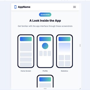 K&ouml;nnte beinhalten: Ein Screenshot der Benutzeroberfl&auml;che einer mobilen App, der die Abschnitte "Home Screen", "Profile" und "Statistics" zeigt. Jeder Bildschirm ist schwarz umrandet und hat eine blau-gr&uuml;ne Farbverlauf-Kopfzeile. Der App-Name wird oben angezeigt.