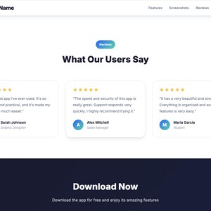 K&ouml;nnte beinhalten: Ein Screenshot einer Website mit Nutzerbewertungen f&uuml;r eine App. Die Seite hat ein klares, wei&szlig;es Design mit blauen Akzenten. Testimonials werden mit Sternebewertungen und Benutzerdetails angezeigt. Die Seite enth&auml;lt auch einen "Download Now"-Call-to-Action.