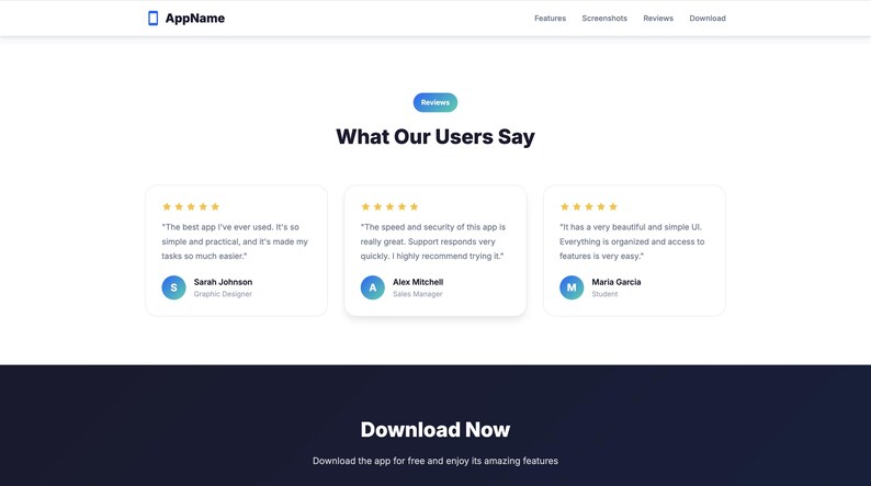 K&ouml;nnte beinhalten: Ein Screenshot einer Website mit Nutzerbewertungen f&uuml;r eine App. Die Seite hat ein klares, wei&szlig;es Design mit blauen Akzenten. Testimonials werden mit Sternebewertungen und Benutzerdetails angezeigt. Die Seite enth&auml;lt auch einen "Download Now"-Call-to-Action.