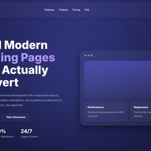 May include: A website landing page design with a dark blue and purple gradient background. The text reads "Build Modern Landing Pages That Actually Convert." Additional text highlights features like performance and responsiveness. Buttons say "Get Started" and "View Showcase."