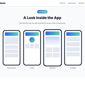 K&ouml;nnte beinhalten: Eine Webseite, die die Benutzeroberfl&auml;che einer App zeigt, mit dem App-Namen "AppName" oben. Die Seite zeigt vier Smartphone-Bildschirm-Mockups mit den Bezeichnungen "Home Screen", "Profile", "Statistics" und "Settings", jeweils mit einem blau-gr&uuml;nen Farbverlauf.