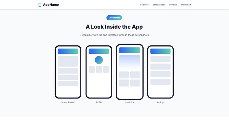 K&ouml;nnte beinhalten: Eine Webseite, die die Benutzeroberfl&auml;che einer App zeigt, mit dem App-Namen "AppName" oben. Die Seite zeigt vier Smartphone-Bildschirm-Mockups mit den Bezeichnungen "Home Screen", "Profile", "Statistics" und "Settings", jeweils mit einem blau-gr&uuml;nen Farbverlauf.