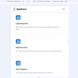 K&ouml;nnte beinhalten: Eine mobile App-Oberfl&auml;che mit dem App-Namen oben. Die Funktionen umfassen: Lightning Fast, High Security und 24/7 Support. Jede Funktion wird durch ein Symbol und eine kurze Beschreibung dargestellt.