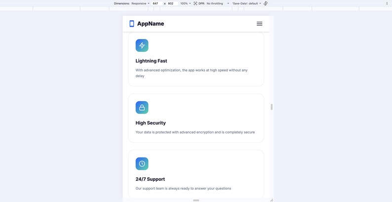 K&ouml;nnte beinhalten: Eine mobile App-Oberfl&auml;che mit dem App-Namen oben. Die Funktionen umfassen: Lightning Fast, High Security und 24/7 Support. Jede Funktion wird durch ein Symbol und eine kurze Beschreibung dargestellt.