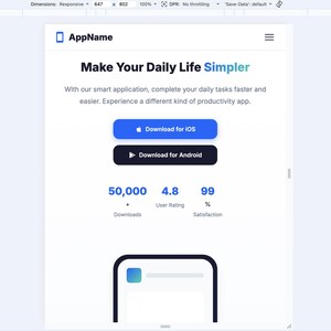 K&ouml;nnte beinhalten: Eine Webseite f&uuml;r die App AppName mit der &Uuml;berschrift "Make Your Daily Life Simpler". Sie zeigt blaue und schwarze Schaltfl&auml;chen f&uuml;r iOS- und Android-Downloads sowie Statistiken: 50.000 Downloads, eine Benutzerbewertung von 4,8 Sternen und 99 % Zufriedenheit.