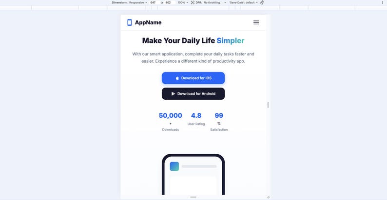 K&ouml;nnte beinhalten: Eine Webseite f&uuml;r die App AppName mit der &Uuml;berschrift "Make Your Daily Life Simpler". Sie zeigt blaue und schwarze Schaltfl&auml;chen f&uuml;r iOS- und Android-Downloads sowie Statistiken: 50.000 Downloads, eine Benutzerbewertung von 4,8 Sternen und 99 % Zufriedenheit.