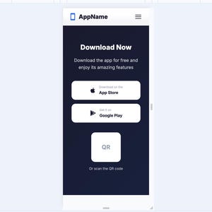 K&ouml;nnte beinhalten: Mobile App-Oberfl&auml;che mit dem App-Namen "AppName" oben. Der Bildschirm zeigt "Jetzt herunterladen" mit einer Beschreibung und Schaltfl&auml;chen f&uuml;r "App Store" und "Google Play". Ein QR-Code ist ebenfalls vorhanden.