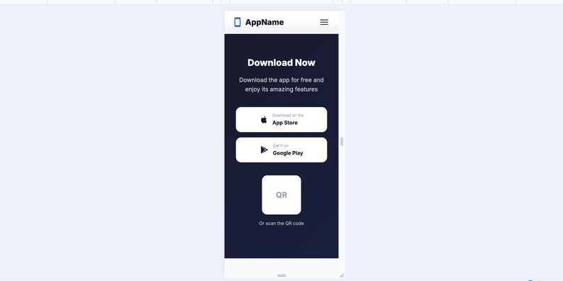 K&ouml;nnte beinhalten: Mobile App-Oberfl&auml;che mit dem App-Namen "AppName" oben. Der Bildschirm zeigt "Jetzt herunterladen" mit einer Beschreibung und Schaltfl&auml;chen f&uuml;r "App Store" und "Google Play". Ein QR-Code ist ebenfalls vorhanden.