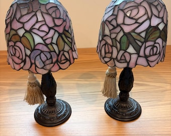 PAIR OF PARTYLITE "Rosewater" Tiffany-style stained glass tealight candle lamps