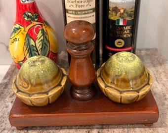 Vintage Ceramic Salt & Pepper Shakers with Wooden Stand