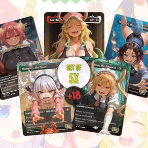 May include: A set of five collectible trading cards featuring anime-style illustrations of female characters with horns and various outfits. The cards have a black border and include text such as "Legendary Creature" and "Quandrix, the Proof."