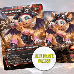 May include: Two trading cards featuring a pirate-themed character named Rouge La Tempête. The character is a bat-like humanoid with a pirate hat and a sword. The cards have a fiery background and the text "ALTERNATE BACKS!" on a white circle.
