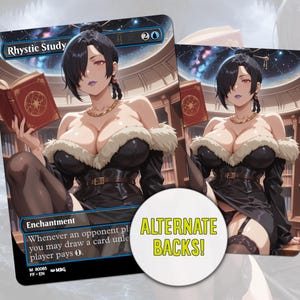 May include: Two fantasy art cards featuring a woman in a black dress with a fur trim, holding a book. The cards have the text "Rhystic Study" and "Enchantment". A white circle with the text "ALTERNATE BACKS!" is in the foreground.