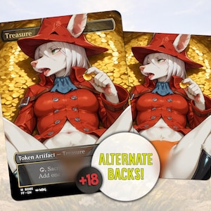 May include: Two fantasy art cards featuring a white-furred character in a red outfit and hat, holding a gold coin. The cards are labeled "Treasure" and have "+18" and "Alternate Backs!" text.