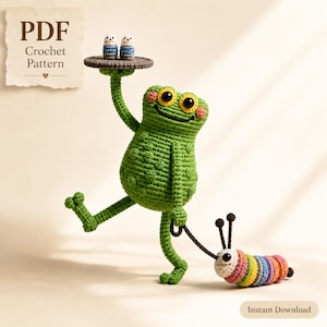 Crochet Frog Amigurumi Waiter Tray | Caterpillar Pet Leash | Handmade Cottagecore Figurine Gift