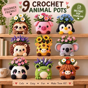 May include: A digital pattern for 9 crochet animal pots featuring a sloth, pig, penguin, hedgehog, giraffe, koala, panda, frog, and highland cow. Each pot is filled with colourful crocheted flowers. Text includes 9 CROCHET ANIMAL POTS, BEGINNER FRIENDLY, INSTANT PDF DOWNLOAD, and Cute Easy Fun Make Them All.
