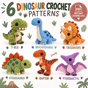 Peut inclure: Une collection numérique de 6 modèles de dinosaures au crochet comprenant un T-Rex vert, un Brachiosaurus bleu, un Triceratops orange, un Stegosaurus vert, un Raptor orange et un Pterodactyl violet. Le texte indique 6 DINOSAUR CROCHET PATTERNS.