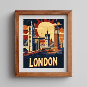 Può includere: Una stampa artistica incorniciata con un'illustrazione stilizzata dei monumenti di Londra, tra cui il Tower Bridge e il Big Ben, sullo sfondo di un tramonto. La parola "LONDON" è ben visibile in un font vintage.