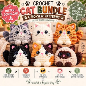 Può includere: Un pacchetto di download digitale con sei schemi per gatti all'uncinetto. L'immagine mostra sei figure di gatti di peluche, rotonde e senza cuciture, in vari colori, tra cui grigio tigrato, bianco, arancione tigrato, bianco e nero, calico.