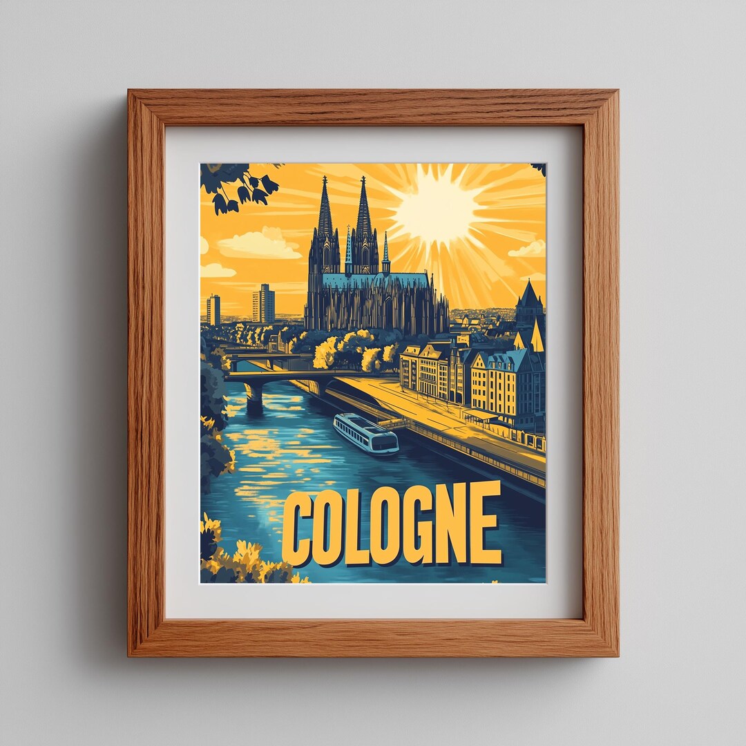Cologne Cathedral Travel Poster – Retro Cityscape, Rhine River Art ...