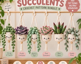 May include: A crochet pattern bundle for 6 mini hanging succulents, featuring text that reads 6 MINI HANGING SUCCULENTS CROCHET PATTERN BUNDLE. The image displays six crocheted plants in cream-colored pots with faces, including String of Pearls, Purple Echeveria, Burro's Tail, Pink Echeveria, Aloe Vera, and Paddle Plant.