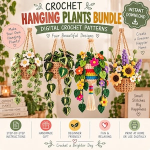 Puede incluir: Un paquete de patrones de ganchillo digitales para cuatro plantas colgantes. La imagen muestra cuatro diseños de plantas tejidas en cestas colgantes, incluyendo flores y enredaderas. El texto incluye "CROCHET HANGING PLANTS BUNDLE".