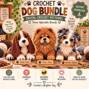 Pode incluir: Um pacote de padrões digitais de crochê com três raças de cães: um Basset Hound castanho e branco, um Chow Chow bege felpudo e um Pastor Australiano multicolorido. A imagem inclui etiquetas de texto para cada raça e instruções de uso.