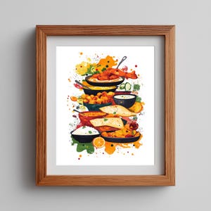 May include: A framed print featuring a colorful watercolor illustration of various Indian dishes. The artwork showcases a stack of bowls and pans filled with food, including rice, curries, and fried items, with splashes of orange, yellow, and green.