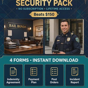 May include: A digital product titled Bail Bond + Security Pack featuring four forms: Indemnity Agreement, Payment Plan, Post Orders, and Incident Report. The graphic includes images of a bail bond office and a security officer, with text indicating instant download, editable, and printable features.