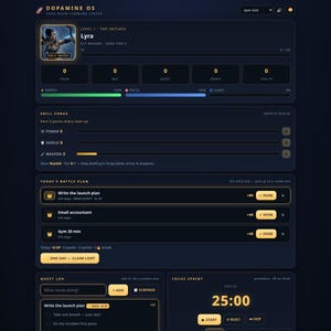 Dopamine OS ADHS-Planer-App | Spielerisches Quest-System mit XP-Leveln und täglichem Schlachtplan | Interaktives Fokus-Tool (Offline)