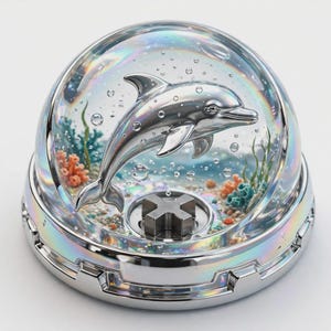 May include: A clear glass snow globe featuring a metallic silver dolphin swimming amidst colorful coral and small bubbles. The base is a polished chrome-finished metal with an iridescent sheen and a central cross-shaped mechanical component.