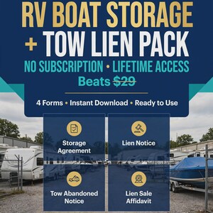 Puede incluir: Un paquete de documentos digitales titulado RV BOAT STORAGE + TOW LIEN PACK que incluye cuatro formularios: Storage Agreement, Lien Notice, Tow Abandoned Notice y Lien Sale Affidavit. El gráfico incluye texto sobre Instant Download, No Subscription y Lifetime Access.