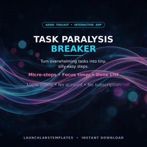 Task Paralysis Breaker | ADHD Task Manager App | Beat Procrastination | Focus Timer & Micro Step Planner | Offline HTML Tool