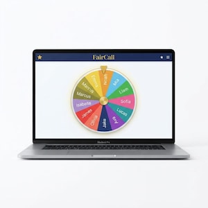 May include: A laptop displaying the FairCall website with a colourful digital prize wheel on the screen. The wheel is divided into twelve segments, each featuring a different name, including Noah, Mia, Liam, Sofia, Lucas, Ava, Jake, Olivia, James, Isabella, Marcus, and Emma.