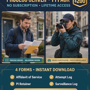 May include: A digital Process Server and PI Pack featuring text: PROCESS SERVER + PI PACK, Beats $200, NO SUBSCRIPTION, LIFETIME ACCESS, 4 FORMS, INSTANT DOWNLOAD, Affidavit of Service, Attempt Log, PI Retainer, Surveillance Log, PDF, EDITABLE, PRINTABLE.