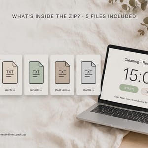K&ouml;nnte beinhalten: Eine digitale Produktanzeige mit einem Laptop, der einen 15:00 Reinigungs-Reset-Timer auf dem Bildschirm anzeigt, neben f&uuml;nf Dateisymbolen mit den Bezeichnungen Cleaning-Reset-Timer.html, SAFETY.txt, SECURITY.txt, START HERE.txt und README.txt, sowie dem Text WHAT'S INSIDE THE ZIP? 5 FILES INCLUDED.
