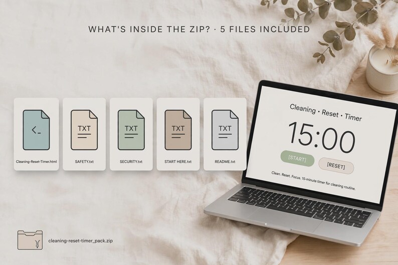 K&ouml;nnte beinhalten: Eine digitale Produktanzeige mit einem Laptop, der einen 15:00 Reinigungs-Reset-Timer auf dem Bildschirm anzeigt, neben f&uuml;nf Dateisymbolen mit den Bezeichnungen Cleaning-Reset-Timer.html, SAFETY.txt, SECURITY.txt, START HERE.txt und README.txt, sowie dem Text WHAT'S INSIDE THE ZIP? 5 FILES INCLUDED.