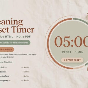 Interactieve timer voor schoonmaakschema | Schoonmaakplanner voor ADHD (HTML) | Dagelijkse, wekelijkse en maandelijkse checklist | App voor het resetten van de schoonmaak (geen PDF)
