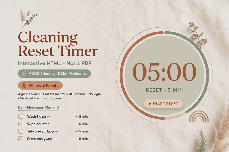 K&ouml;nnte beinhalten: Eine interaktive digitale Reinigungs-Timer-Oberfl&auml;che mit dem Text Cleaning Reset Timer, 05:00 und einer Start Reset-Schaltfl&auml;che. Das Design enth&auml;lt eine t&auml;gliche Checkliste f&uuml;r das Abwaschen, das Abwischen von Arbeitsfl&auml;chen und das Aufr&auml;umen.