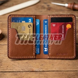 May include: A tan leather bifold wallet with visible cream-colored stitching, featuring multiple interior card slots holding various credit and debit cards. The word BOUNDVI is embossed on the lower right side of the leather interior.