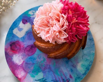Hand Painted Rotating Cake Stand, Resin Functional Art Lazy Susan, Floral Abstract Cake Platter, Luxury Wedding Gift, Unique Tabletop Decor
