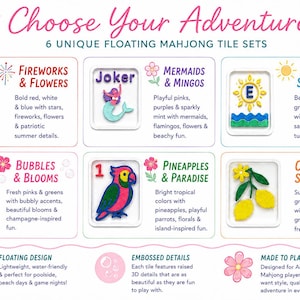 May include: A product display titled Choose Your Adventure featuring six floating Mahjong tile sets: Fireworks & Flowers, Mermaids & Mingos, Sun & Sand Castles, Bubbles & Blooms, Pineapples & Paradise, and Citrus & Sunshine, with embossed 3D details.