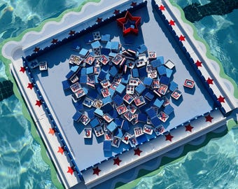 Floating Travel Mahjong Tiles: Fireworks and Flowers Red, White and Blue