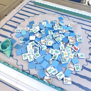 May include: A Mahjong game set featuring a light gray mat with blue wave patterns and the text PLAY RIGHT, a teal seashell dice cup, and a pile of square tiles with blue backs and white faces displaying various illustrations like turtles and flowers.