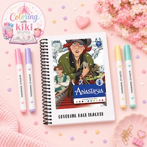 May include: A spiral-bound coloring page tracker featuring an Anastasia movie cover illustration with characters on a staircase. The book is surrounded by four acrylic markers in pastel colors, including pink, purple, yellow, and teal, on a pink surface.