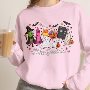 Smiling Halloween Candy Characters crewneck sweatshirt | Ghost Witch Candy Corn Parade