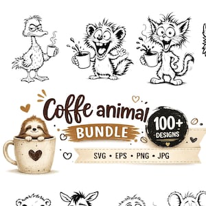 Pacchetto SVG di animali scontrosi a tema caffè, 100 design originali (download digitale)