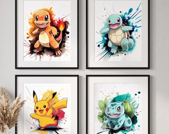 Zestaw 4 akwarelowych grafik ściennych Pokémon, ramka Pokémon, Pikachu Bulbasaur Charmander Squirtle, dekoracja do pokoju dziecięcego do druku, wersja cyfrowa do pobrania